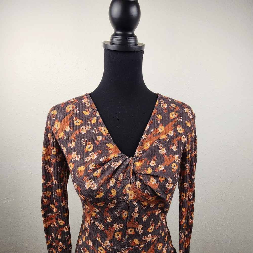 Retro 70's Brown Orange Floral Long Sleeve Prairie Midi Dress Women's Size 2, XS - Picture 2 of 8